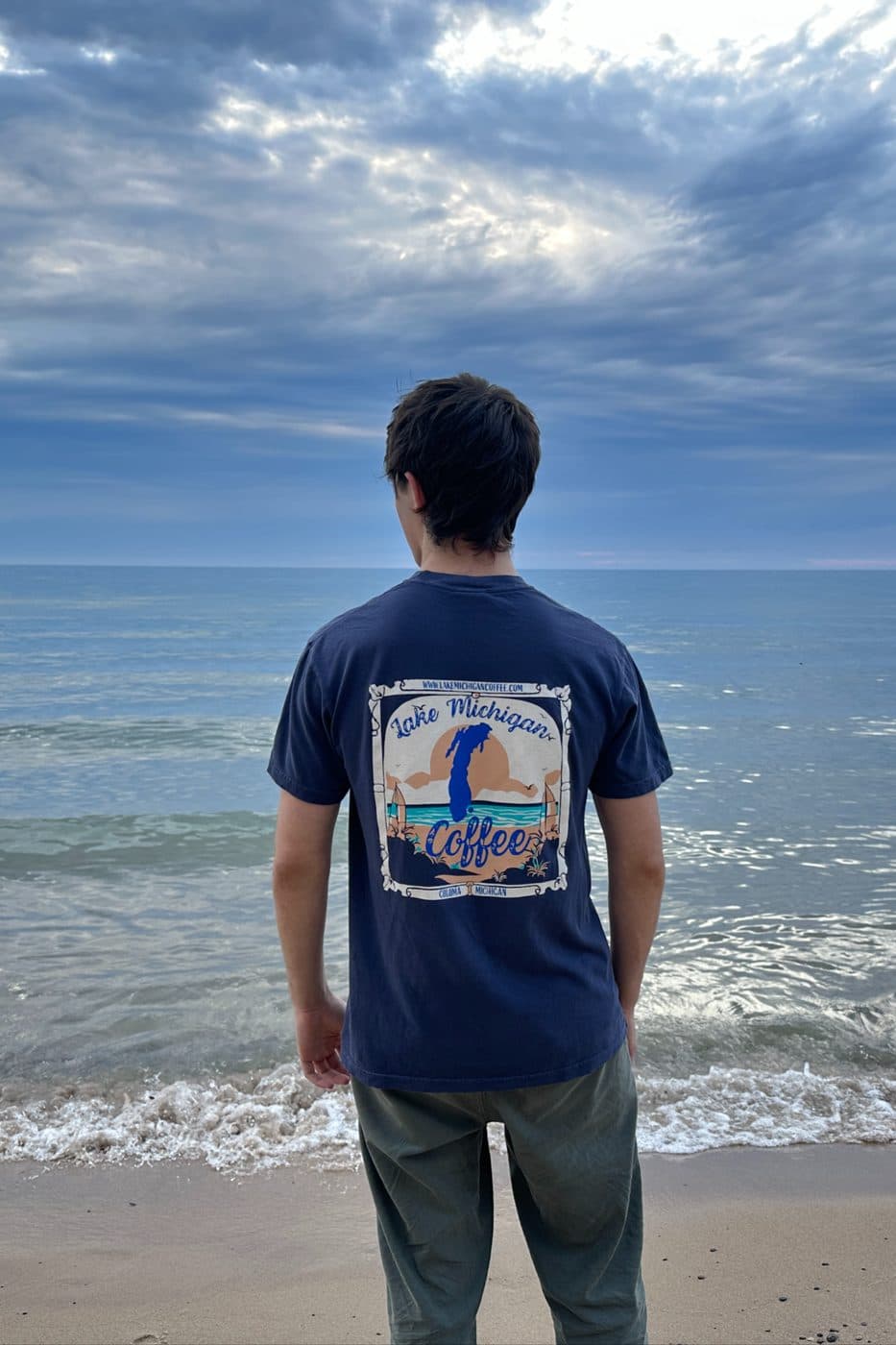 Navy Lake Michigan Coffee T-shirt photographed at the lakeshore